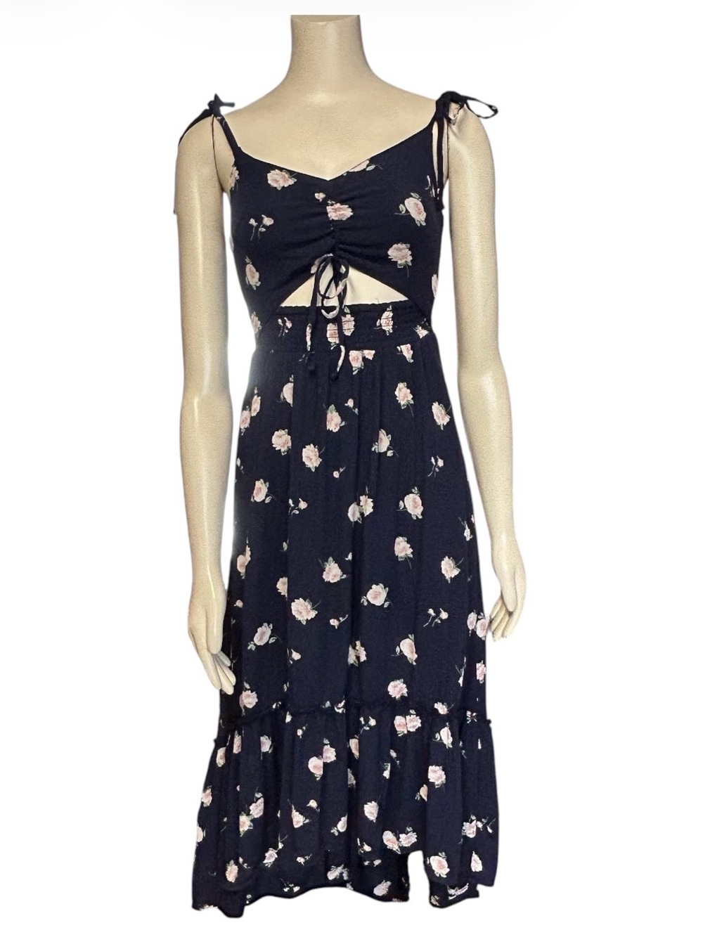 Hollister navy pink roses cutout smocked tie strap midi dress high low women XS